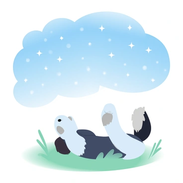 A dog lying on its back on a grassy surface, with its paws in the air. The dog has a fluffy coat with a mix of colors. Above the dog, a vast sky filled with numerous stars is visible, creating a sparkling scene. The stars are twinkling brightly against a deep blue background, creating a serene night atmosphere. The landscape is peaceful, with the soft glow of the stars illuminating the dog and the grassy area around it.