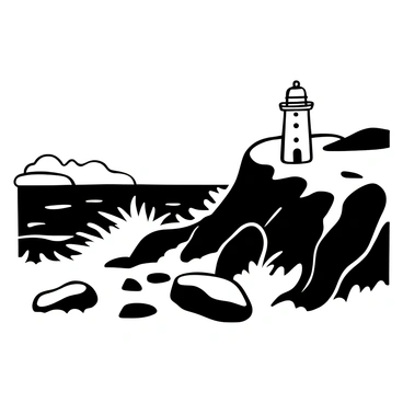 A solitary lighthouse perched on a rugged coastal cliff, standing tall against the backdrop of a turbulent sea. Waves crash violently against the rocky shore below, sending up sprays of white foam. The lighthouse is cylindrical, topped with a shining light, surrounded by jagged rocks that jut out toward the ocean. In the distance, the outline of the coastline stretches along the horizon, with hints of other cliffs and the churning sea. The sky is overcast, adding to the dramatic atmosphere of the scene.