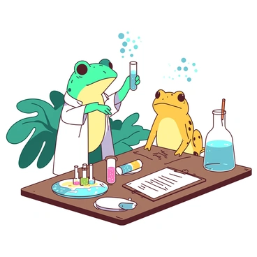 A teal frog and a yellow toad are standing on a wooden table, both wearing small white lab coats. The frog is holding a test tube filled with a bubbling blue liquid in its right hand, while the toad is watching intently, holding a clipboard with a small orange pencil tucked behind one ear. Around them, there are several colorful test tubes filled with liquids of varying colors, and vibrant bubbles are rising from one of the test tubes. The background features a few large green leaves, creating an atmosphere of a backyard laboratory.