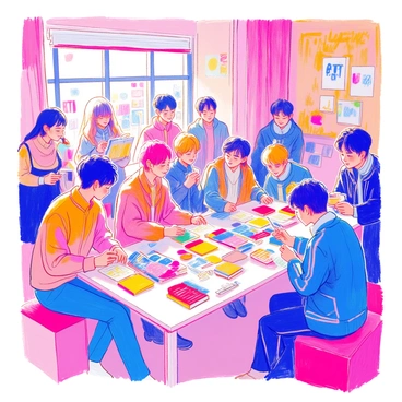 A cozy fan meeting event is taking place in a brightly lit room. The scene includes several members of BTS, each sitting at a long table covered with an assortment of colorful merchandise. They are smiling, and engaged in conversations with fans who are excitedly waiting for autographs. Each BTS member is dressed in casual yet stylish clothing that reflects their individual personalities. Fans are holding posters and albums, eagerly awaiting their turn. The atmosphere is filled with happiness, and there are decorations featuring the BTS logo in the background. A few fans are taking pictures, capturing the moment.