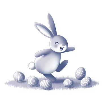 A bunny with large, floppy ears and a fluffy tail is hopping energetically through a field. The bunny has an expression of joy, with its mouth slightly open as if it is smiling. Surrounding the bunny, there are numerous Easter eggs scattered across the ground. Each egg is detailed with various patterns and designs, adding to the lively scene. The grass is depicted as lush and verdant, creating a vibrant setting for the bunny's playful activity.