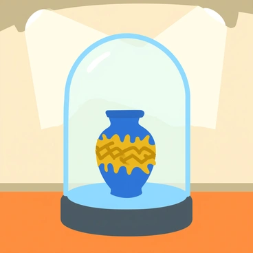 A transparent protective shield encases a delicate artifact displayed in a museum. The artifact is an ancient vase with intricate patterns engraved on its surface, showcasing blue and gold hues. The shield is slightly rounded, reflecting light in various directions. The museum background features soft, neutral-colored walls and spotlights that highlight the shield and artifact, creating a focus on their details. The floor is polished wood, providing a warm contrast to the glass shield.