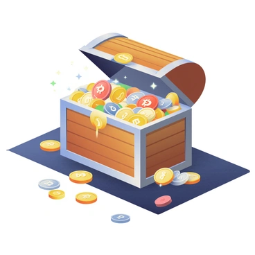 A large, wooden treasure chest with intricate carvings is open and overflowing with sparkling cryptocurrency coins. The coins are gold, silver, and copper in color, reflecting light and creating a shimmering effect. Surrounding the chest are scattered coins on a textured, dark surface, highlighting their brilliance. In the background, faint glimmers suggest more coins hidden in the depths of the chest. The scene conveys a sense of abundance and wealth, with some coins prominently featuring recognizable cryptocurrency symbols.