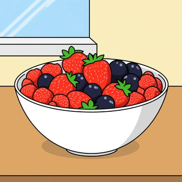 A large white ceramic bowl sits on a wooden kitchen counter. The bowl is filled with a vibrant mix of fresh raspberries, bright red strawberries, and shiny blackberries. The raspberries are small and round with delicate, textured surfaces. The strawberries, adorned with tiny seeds, have bright green leaves still attached at the top. The blackberries are plump and glossy, adding a deep, rich color to the mix. Sunlight streams in through a nearby window, casting soft shadows across the countertop, enhancing the colors of the berries in the bowl.