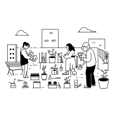 A rooftop garden filled with a variety of plants, including flowers, herbs, and vegetables, in numerous pots and raised beds. Several people are engaged in gardening activities; one person is watering the plants with a watering can, while another is pruning a bush with gardening shears. A third person is repotting a small plant, carefully placing it into a larger pot. A wooden bench is positioned nearby, and gardening tools are scattered on the ground. The sky is visible above, creating a sense of openness in the urban environment.
