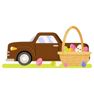 A car made entirely of chocolate, parked next to a basket of Easter treats