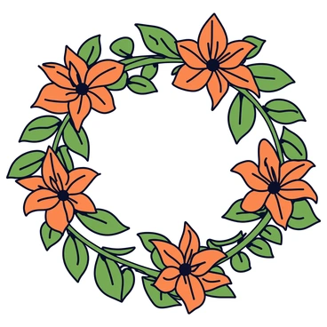 An ornate floral wreath primarily composed of vibrant tiger lilies with bold orange and black markings. The tiger lilies are surrounded by lush green leaves that gracefully intertwine throughout the arrangement. The wreath has a circular shape, allowing the flowers and leaves to form a cohesive and balanced design. The leaves vary in size, adding depth and texture to the wreath.