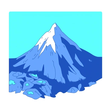 A blue mountain peak rises dramatically into the sky, showcasing its impressive snow-capped summit. The surrounding terrain consists of rugged rocks and patches of green vegetation at the base of the mountain. Above, the sky is a vibrant teal, clear and expansive, with no clouds obstructing the view. The sunlight casts shadows on the mountain's slopes, highlighting the textures of the rock and snow.