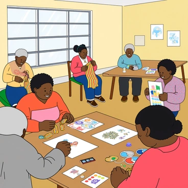 A large, bright room in a community center filled with a diverse group of people engaged in various crafts. In one corner, an elderly woman with gray hair is carefully knitting a colorful scarf using bright yarn. Nearby, a middle-aged man with short black hair is focused on a scrapbooking project, surrounded by colorful papers, stickers, and photographs. A young girl with pigtails is creating a beaded bracelet, her table adorned with shiny beads in different colors. Another woman with curly hair is painting a small canvas, her palette filled with vibrant paints. The walls are decorated with handmade crafts, and sunlight streams through large windows, creating a cheerful atmosphere.