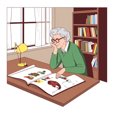 A professor with gray hair and glasses is sitting at a wooden desk in a quiet office, surrounded by bookshelves filled with various art books. On the desk in front of the professor, there is an open portfolio displaying colorful illustrations. The professor is leaning forward, intently examining a page with a thoughtful expression. A soft yellow lamp illuminates the workspace, casting a warm glow. The office has a window with sheer white curtains that allow soft natural light to filter through, adding to the calm atmosphere.