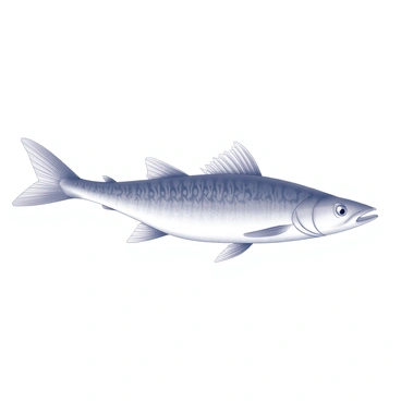 A mackerel fish is swimming gracefully, its body elongated and streamlined. The scales are depicted with swirling patterns that flow seamlessly along its sides. The fins are elongated and display intricate designs, resembling flowing ribbons in motion. The tail fin is spread wide, showcasing its delicate structure. The overall composition highlights the elegance and fluidity of the fish's form, creating a sense of movement in the water.