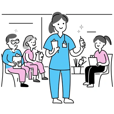 A nurse, wearing a light blue scrubs and a name tag, is standing in a waiting room filled with patients. She has a friendly smile and is holding a box of white tissues in one hand and a bottle of medicine in the other. Patients of various ages, including an elderly man with glasses and a young girl with pigtails, are seated in chairs around her. The room features light-colored walls and a few potted plants, creating a welcoming atmosphere.