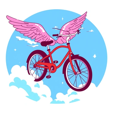 A red bicycle with large, colorful wings is soaring through a bright blue sky. The bicycle has a shiny frame and handlebars that are slightly tilted forward. The wings are vibrant with intricate patterns, creating a sense of movement as they flutter in the wind. Below the bicycle, fluffy white clouds drift lazily. The scene captures the whimsy and excitement of flight, with sunlight creating a sparkling effect around the bicycle.