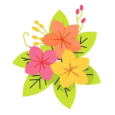 A cluster of exotic tropical flowers, featuring large, vibrant blossoms in shades of pink, orange, and yellow. The flowers have intricate petal structures and are surrounded by lush green leaves that are broad and textured. The scene includes a few delicate tendrils and small buds interspersed among the flowers, adding to the rich variety of colors and shapes.