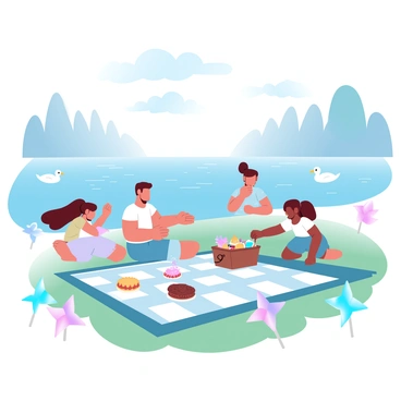 A family is gathered for a picnic beside a lake. The scene includes a large checkered blanket spread out on the grass, with a picnic basket filled with various foods and drinks. Children are playing, running around with colorful pinwheels that spin in the gentle breeze. The lake reflects the surrounding trees and has small ripples created by the wind. A couple of ducks are swimming leisurely on the water's surface. Scattered around the area are several vibrant pinwheels stuck in the ground, creating a festive atmosphere.