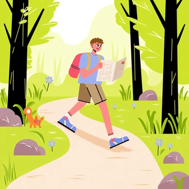 A teenager is walking along a narrow forest trail, surrounded by tall green trees and vibrant wildflowers. The teenager has short brown hair and is wearing a light blue t-shirt and brown shorts. They are carrying a colorful backpack and holding a folded map in their right hand, studying it intently. Sunlight filters through the leaves above, casting dappled shadows on the ground. Scattered rocks line the trail, and a few curious squirrels peek out from behind the trees.