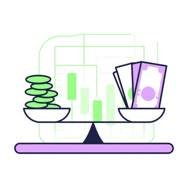 A balance scale is positioned in the center of the image, clearly illustrating the concept of financial balance. On the left side of the scale, there is a stack of green coins representing "income." On the right side, a collection of purple bills is placed to signify "expenses." The scale is perfectly balanced, showcasing an equal weight distribution. In the background, faint outlines of graphs and charts suggest a financial theme, while the surface beneath the scale is smooth and unembellished.