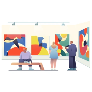 An art gallery interior features large abstract paintings that reflect Cold War tensions. The walls are painted a neutral white, allowing the vibrant colors of the artwork to stand out. Each painting incorporates bold geometric shapes and contrasting colors, with splashes of red, blue, and yellow dominating the compositions. In the foreground, a sleek wooden bench provides seating for visitors, and small spotlights illuminate each piece, highlighting the intricate brushstrokes and textures. Several people, including a woman in a light blue dress and a man in a dark suit, are examining the paintings and discussing their interpretations. The atmosphere is filled with a sense of contemplation and curiosity as viewers engage with the art.