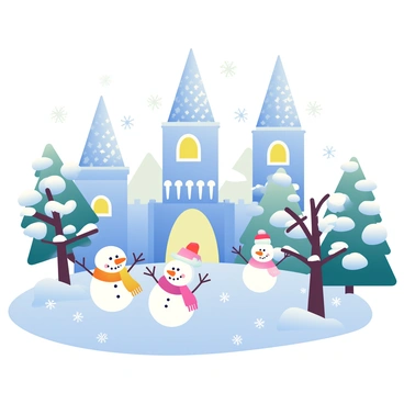 A frosty wonderland is filled with towering ice castles that glisten in the sunlight. The ice castles have intricate designs with spires and archways reflecting shades of blue and white. Surrounding them are tall, snow-covered trees with branches heavy with fresh snow, creating a serene atmosphere. In the foreground, several friendly snowmen, with coal eyes and carrot noses, stand cheerfully, wearing colorful scarves and hats. The ground is blanketed in a thick layer of sparkling white snow, and flakes softly fall from the sky, enhancing the enchanting winter scene.