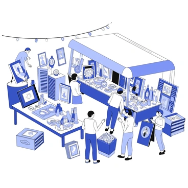 An eclectic flea market is bustling with activity. Various vintage items are displayed on weathered tables and makeshift stands. An assortment of antiques fill the scene, including ornate picture frames, tarnished silverware, and retro vinyl records. A collection of colorful glass bottles glimmers in the light, while stacks of old books with worn covers sit nearby. Shoppers browse through the treasures, some holding unique finds, while others engage in conversations about the history of the items. Stray light filters through the canopies overhead, illuminating the vibrant details of the market.