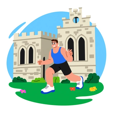 A person performing leg raises with a focused expression. The individual is dressed in athletic wear, showcasing a bright blue tank top and black shorts. They are positioned in front of an old historical building featuring intricate stonework and large arched windows. The building's weathered façade contrasts with the vibrant colors of the athlete's clothing. Green grass and colorful flowers surround the scene, adding a fresh touch to the atmosphere. The sky above is clear blue, complementing the setting.