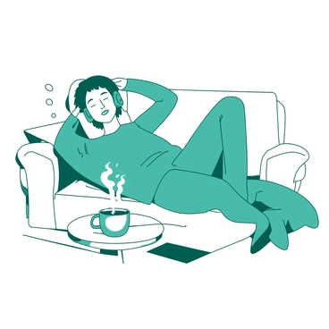 A person with a relaxed posture is lounging on a comfortable white sofa. The person has short, dark hair and is wearing a cozy teal sweater. Their eyes are closed, and they have a peaceful expression on their face as they listen to a podcast. In their hand, they are holding a teal smartphone with earbuds connected to it. A small coffee table in front of the sofa has a steaming white mug placed on it. The room has soft lighting that enhances the tranquil atmosphere.