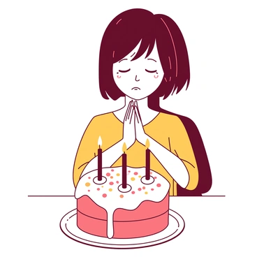 A person with short dark hair is standing in front of a brightly decorated cake with lit candles. The person's eyes are tightly closed, and their hands are placed together in front of their chest in a gesture of concentration. The cake is frosted with white icing and adorned with colorful sprinkles. In the foreground, the warm glow of the candlelight casts gentle shadows. The room has a festive atmosphere, indicating a celebration. The person appears hopeful, ready to blow out the candles on the cake.