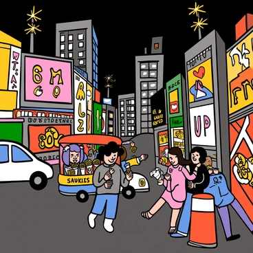 A bustling city at night with tall buildings glowing with colorful neon lights. The streets are filled with various characters, including a young woman with long purple hair wearing a stylish jacket, a man with tousled black hair in a hoodie, and a group of friends laughing together. Bright signs and advertisements light up the scene, and cars are moving along the road. A street vendor is seen selling snacks to a couple while another character takes a photo of the vibrant surroundings. The atmosphere is energetic and lively, capturing the essence of nightlife in the city.