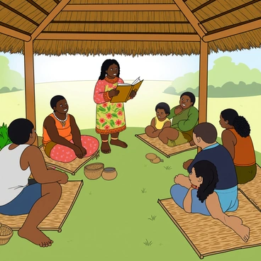 A group of five villagers gathered under a thatched roof, sitting on woven mats placed on a grassy floor. Each villager is engaged, looking attentively at a middle-aged woman with dark skin and braided hair, who stands at the front with a large open book in her hands. The woman is wearing a colorful dress with floral patterns. Around them, various handmade objects such as baskets and clay pots can be seen. A few children are seated close by, their eyes wide with curiosity as they listen to the lesson. Sunlight filters through the thatched roof, casting a warm glow on the scene.