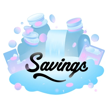 A waterfall made entirely of shiny coins and colorful banknotes is cascading down into a clear blue pool below. The pool is labeled with the word "Savings" in bold, decorative letters. Surrounding the waterfall are stacks of coins and scattered banknotes, creating a scene that conveys abundance and wealth. The vibrant colors of the banknotes contrast against the metallic sheen of the coins, adding visual interest to the composition.