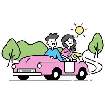 A Maharashtrian couple is sitting inside a vintage classic car, both smiling. The man is wearing a blue kurta and white pants, while the woman is dressed in a pink saree with intricate patterns. They are surrounded by a picturesque landscape, with green hills and trees lining a winding road. The car is a vibrant shade of red, with chrome accents. The sun is shining brightly, casting light on their joyful expressions as they enjoy their road trip.