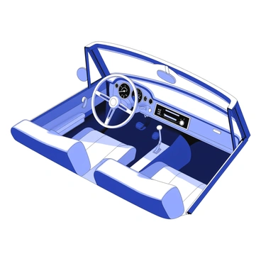 The interior of a classic convertible car is displayed, highlighting plush vintage fabric on the seats and door panels. The seats are upholstered with intricate patterns, exuding a nostalgic charm. Chrome accents gleam on the dashboard, steering wheel, and gear shift, reflecting light with a polished shine. The car's interior features a retro radio dial, a stylish speedometer, and various toggle switches, all showcasing the elegance of a bygone era. The convertible top is folded down, revealing a sunlit ambiance within the cabin.