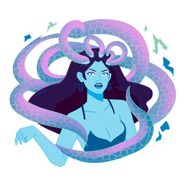 A woman with striking features and long, snake-like hair coiling around her head. Her eyes are intense, glowing with a fierce expression. She is positioned at the center of the image, with vibrant colors swirling around her, creating a dynamic and energetic atmosphere. The hues are bright and varied, resembling a whirlwind of reds, blues, and yellows, enhancing the dramatic effect. The background features abstract shapes that blend seamlessly with the colors, emphasizing Medusa's powerful presence.