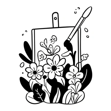 A paintbrush positioned above a canvas, with its tip dipped in paint. The canvas features an array of detailed and intricate flowers in various shapes and sizes, each flower formed by the strokes of the paintbrush. The scene is rich with textures resembling petals and leaves, giving the impression of a vibrant floral display. Paint droplets surround the canvas, hinting at the ongoing creation process.