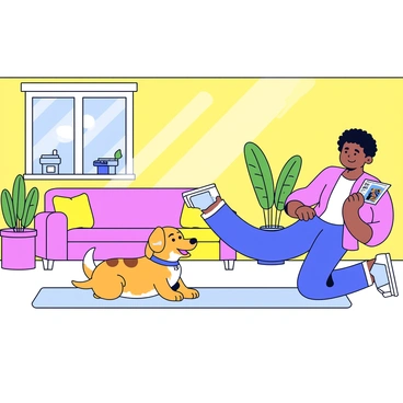 A playful dog with a golden fur coat is sitting beside its owner on a soft, light gray rug. The dog has a happy expression, with its tongue out and ears perked up. The owner, a person in athletic clothing, is performing heel slides while seated on the floor. The living room has warm yellow walls and a few potted plants in the background. A comfortable sofa with colorful cushions is on one side, and a small coffee table holds a water bottle and a fitness magazine. Sunlight streams through a window, creating a bright and inviting atmosphere.