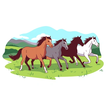 Six horses are galloping freely across an open field. The horses vary in color, including two with chestnut coats, one black horse, one gray horse, one palomino, and one white horse. Their manes and tails are flowing in the wind as they move with energy and grace. The field is lush, with tall green grass swaying beneath their hooves, and the sun casts soft shadows as they run. In the background, there are gentle hills and a clear blue sky above.