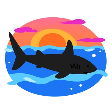 A dark silhouette of a tiger shark swimming gracefully in the ocean. The shark is depicted beneath a vibrant sky, filled with hues of orange, pink, and purple as the sun sets on the horizon. The ocean water reflects these warm colors, creating a shimmering surface. Waves gently ripple around the shark, capturing the essence of a serene ocean scene. The overall composition conveys a sense of tranquility and wonder at the underwater world.