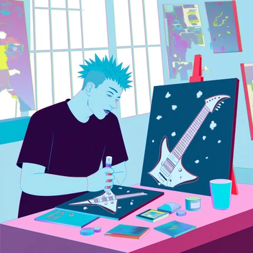 A dedicated fan with short, spiked hair and wearing a black Metallica t-shirt is intensely focused on creating Metallica-inspired art. The fan is seated at a cluttered workspace in a colorful art studio filled with vibrant paint splatters on the walls. There are various canvases leaning against the walls, some partially completed with bold colors and dynamic shapes. Paintbrushes, tubes of paint, and other art supplies are scattered across the table, showcasing a lively artistic environment. The fan is holding a paintbrush, adding intricate details to a canvas featuring a dramatic depiction of a guitar. Bright natural light streams in through large windows, illuminating the creative space.