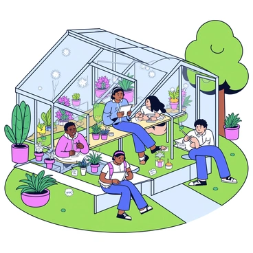 A greenhouse on a campus surrounded by green grass and trees. The structure has transparent glass panels allowing light to shine through. Inside, there are various tables where students are sitting and drawing with pencils and sketchbooks. Some students are focused on sketching "rare plant species" displayed in pots around them. Lush greenery and colorful flowers are visible, creating a vibrant atmosphere. The students are engaged and concentrating on their work, while a few plants have labels indicating their names and species.