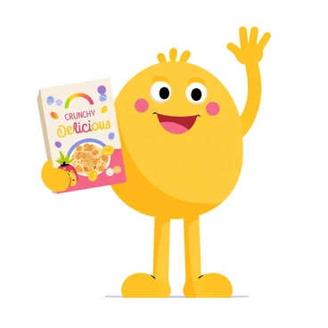 A friendly cartoon mascot with a round, cheerful face and big, expressive eyes is holding a colorful box of cereal. The mascot has a bright yellow body and a large grin that shows off its enthusiasm. The cereal box is decorated with vibrant illustrations of fruits and grains, with the words "Crunchy Delicious" written in bold letters on the front. The mascot stands in a playful pose, with one hand raised in a wave, exuding a sense of joy and welcoming inspiration.