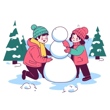 Two children, a boy and a girl, are building a snowman in a snowy backyard. The boy is rolling a large white snowball to form the base of the snowman, while the girl is stacking a slightly smaller white snowball on top. The children are wearing colorful winter jackets, and their cheeks are rosy from the cold. Surrounding them are small piles of white snow, and a few evergreen trees in the background are dusted with white snow. Flakes are gently falling from the sky, adding to the enchanting winter scene.