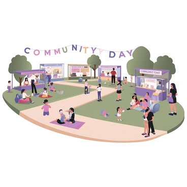 A digital flat illustration depicting a community event in a spacious park. There are several booths set up, representing various local small and medium enterprises (SMEs). Each booth has colorful signage showcasing the names of the businesses. Families are scattered throughout the park, with a group of children playing nearby, engaging in fun activities like face painting and a bouncy castle. Some parents are browsing the booths, while others are sitting on picnic blankets enjoying food from nearby vendors. In the background, there are trees providing shade and bright green grass covering the ground. A banner reading "Community Day" is strung above the main pathway, adding to the festive atmosphere.