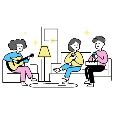 A cozy living room with a soft, warm atmosphere. Three friends are gathered, each seated comfortably. One friend, a woman with long curly hair, is playing an acoustic guitar, strumming gently. Another friend, a man with short hair, is sitting nearby, playing a small keyboard with a focused expression. The third friend, a woman with straight hair, is holding a pair of colorful maracas, shaking them rhythmically. A soft rug covers the wooden floor, and warm light emanates from a standing lamp in the corner, casting a gentle glow on the scene.