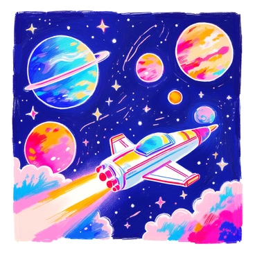 A pop-up scene of outer space features a variety of planets, each with distinct colors and textures. One planet is deep blue with swirling white clouds, another is vibrant red with rocky surfaces, and a third is green with visible landmasses. Twinkling stars scatter throughout the dark background of space, creating a shimmering effect. A sleek spaceship, featuring a shiny silver body and bright light emitting from its engines, is positioned in the foreground. The spaceship has intricate details, such as windows and wing-like structures. The entire scene is designed to convey the vastness and wonder of outer space.
