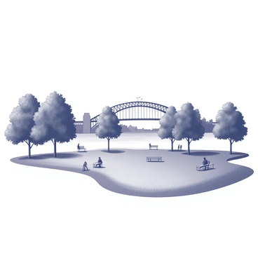 A park scene featuring a vast grassy area with several trees scattered throughout. There are park benches positioned along a winding path. In the background, the "Sydney Harbour Bridge" is prominently visible, arching over the water. A few people are enjoying leisurely activities, such as walking and sitting on the grass. The sky is clear, creating a bright, inviting atmosphere in the park setting.