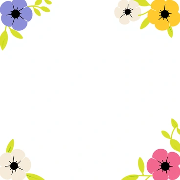 A fun border illustration featuring a variety of "pansies" in bright colors such as "purple," "yellow," "pink," and "white." The pansies are arranged in a whimsical pattern, with some facing outward and others slightly tilted. Each flower is detailed with distinct "petal shapes" and "contrasting centers." Green leaves are interspersed among the pansies, enhancing the vibrant display. The overall composition creates a lively and cheerful frame.