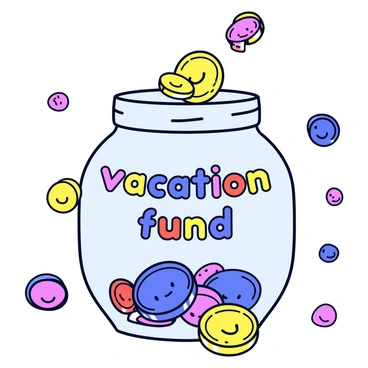 A savings jar with a clear glass texture, labeled with the words "vacation fund" in colorful letters. The jar is overflowing with shiny coins spilling out from the top. Around the jar, several small smiling faces are depicted, radiating joy and excitement. The coins vary in size and shine, reflecting light, and the scene is set against a simple background to emphasize the jar and the cheerful faces.