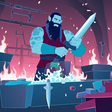 A stout dwarven blacksmith with rugged features and a long braided beard is intently focused on forging a glowing sword. He stands in a bustling, metallic forge, surrounded by an array of tools and glowing embers. The forge is filled with bright flames licking at the air, providing an intense orange and red light that illuminates the scene. Sparks fly around as he strikes the glowing metal with a heavy hammer, creating a rhythmic clanging sound. The sword he is forging emits a bright blue light, contrasting with the warm tones of the forge. His muscular arms are covered in soot and ash, showcasing years of hard work. Various pieces of unfinished weaponry and armor are scattered around the workspace, highlighting the craftsmanship of the dwarven people.