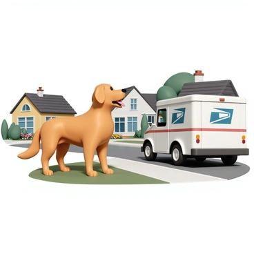 A friendly dog, a golden retriever with a shiny coat, is standing on a green lawn in a suburban neighborhood. The dog has its tail wagging enthusiastically and its tongue out, looking towards the mail truck. The mail truck, painted in white with red and blue accents, is parked nearby on the street. The neighborhood features well-kept houses with neatly trimmed bushes and colorful flower beds, creating a welcoming atmosphere. Bright sunlight illuminates the scene, highlighting the dog's joyful demeanor as it greets the mail truck.