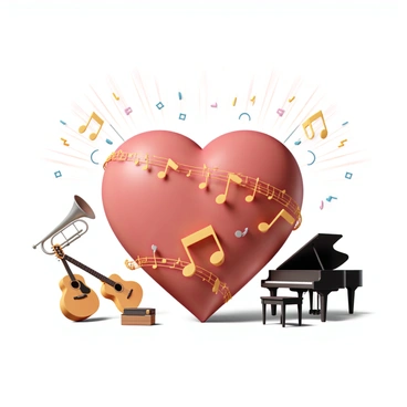 A vibrant red heart, intricately intertwined with a variety of golden musical notes. Surrounding the heart are several musical instruments, including a shiny silver trumpet, a wooden acoustic guitar, and a black grand piano. These instruments are scattered playfully around the heart, creating a lively atmosphere. The background is filled with bursts of colorful confetti and bright spotlights illuminating the scene, enhancing the energetic vibe of the composition.